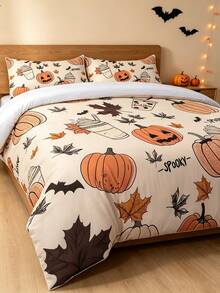 Juego de 3 piezas de funda nórdica de Halloween Blissful, tema de Halloween, juego de ropa de cama cómodo, impresión digital de alta definición, patrón de hoja de arce, postre y calabaza, 1 pieza de funda nórdica con cuatro esquinas y cremallera desmontable + 2 piezas de fundas de almohada con bolsillos, sin relleno, adecuado para dormitorio, residencia estudiantil (ropa de cama para dormitorios de niños y niñas) o viajes - Multicolor - Ver 9