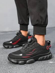 Men's Black And Red Chunky Sneakers, Mesh Panel Design With Sleek Lines, Thick Sole For Vibe, Versatile Running Shoes For Daily Wear - Black and Red - View 7