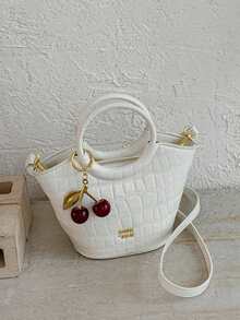 New Solid Color PU Fabric Crocodile Embossed Mini Handbag For Women, Vintage Round Handle With Cherry Charm, Fashionable Sweet Shoulder Crossbody Bag - A - View 2