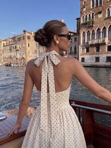 1pc Polka Dot Elegant Knit Fabric Backless Contrast Trim Halter Neck Dress For Women, Casual & Date Wear - Apricot - View 2