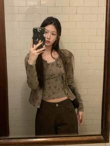 Elegant Knit Ditsy Floral Camisole & Cardigan 2 Pieces Set, Korean Style Women's Top - Khaki - View 1