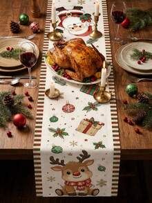 Christmas Cartoon Long Table Runner, Playful Cartoon Style, Santa Claus & Reindeer, Cream Background With Gift Box, Colorful Ball & Snowflake Print, Long Tablecloth Decoration For Living Room Coffee Table, Holiday Gathering And Winter Party Decor - Multicolor - View 7