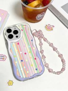 Cream Dopamine Wave Ruffle Soft TPU Texture, Creative Personalized Dopamine Rainbow Stripe Pattern, DIY Bow Knot Wrist Strap Phone Case Compatible With Galaxy S21 S22 S23 S24 S25 S26/Honor/ And Other Models - Clear - View 1