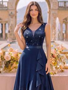 MIUSOL Deep V-Neck Lace Sequin Ruffle Hem High-Low Hem Chiffon Formal Party Dress, Suitable For Wedding Guest, Graduation Ceremony, Gala Spring Elegant - Navy Blue - View 10