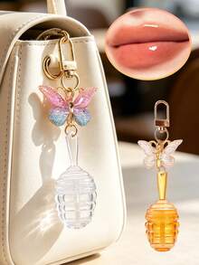 Cute Honey Lip Oil Bottle Keychain With Butterfly Pendant, Lip Gloss Bottle Bag Charm, Travel Refillable Bottle, Lipstick Tube, Empty Lip Gloss Container - Multicolor - View 3