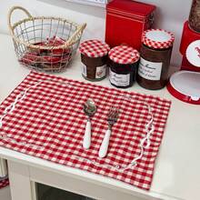 1/2/6pcs French Red & White Gingham Bow Embroidery Placemats, Ins Style Vintage Pastoral Fabric Heat-Resistant Table Mats For Afternoon Tea Table Decor - Multicolor - View 9