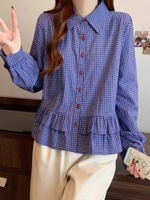 Women's Blue Plaid Shirt, Sweet Ruffle Long Sleeve Korean Style Casual Blouse - Blue - View 5