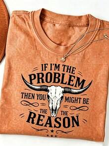 Unisex Washed Distressed T-Shirt Cotton Blend Casual Oversized Tee.Women'S Washed T-Shirt "If I Am Problem, Then You May Be The Reason" |   Weste - 橘色 - 查看 6