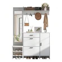 Hall Tree For Entryway, Including Shoe Cabinet, Mirror And Coat Hooks, Multifunctional Shoe Cabinet With Shoe Change Bench, For Hallway Entryway, White, 140x30x200cm - White - View 1