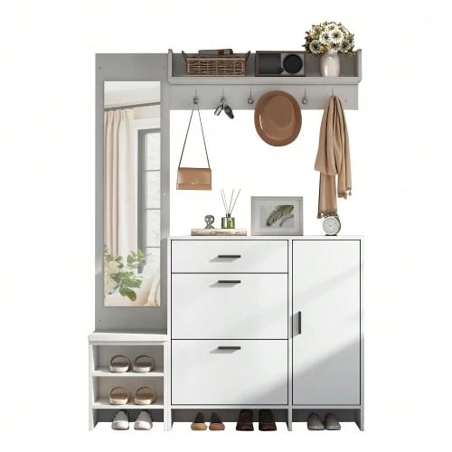 Hall Tree For Entryway, Including Shoe Cabinet, Mirror And Coat Hooks, Multifunctional Shoe Cabinet With Shoe Change Bench, For Hallway Entryway, White, 140x30x200cm - White - View 1