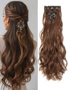 Long Synthetic Water Wave Corn Silk Style Multi-Piece Clip-In Hair Extensions 7 Pieces 18-30 Inch For Women To Add Volume Made Of Heat-Resistant Material - Mocha Brown - View 1