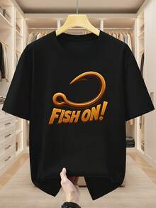 PlusSizeMen'sShortSleeve%CottonCrewNeck,FishingThemeWithFunnyFishHookPrint,FISHON!ComfortableCasual - 黑色 - 查看 1