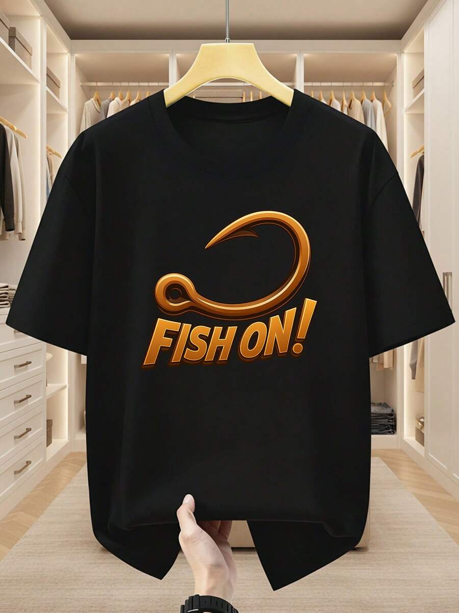 PlusSizeMen'sShortSleeve%CottonCrewNeck,FishingThemeWithFunnyFishHookPrint,FISHON!ComfortableCasual - 黑色 - 查看 1