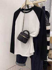 Women's Spring/Autumn New Semester Colorblock Long Sleeve T-Shirt, Casual Loose Slimming Long Crew Neck Top - Black and White - View 6