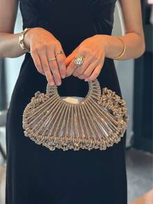 Luxury Rhinestone Fan Evening Clutch, Semi-Circular Hollow Handheld Bag, Rhinestone Wrapped Ring Handle, Women Stylish Bag For Wedding - Champagne - View 2