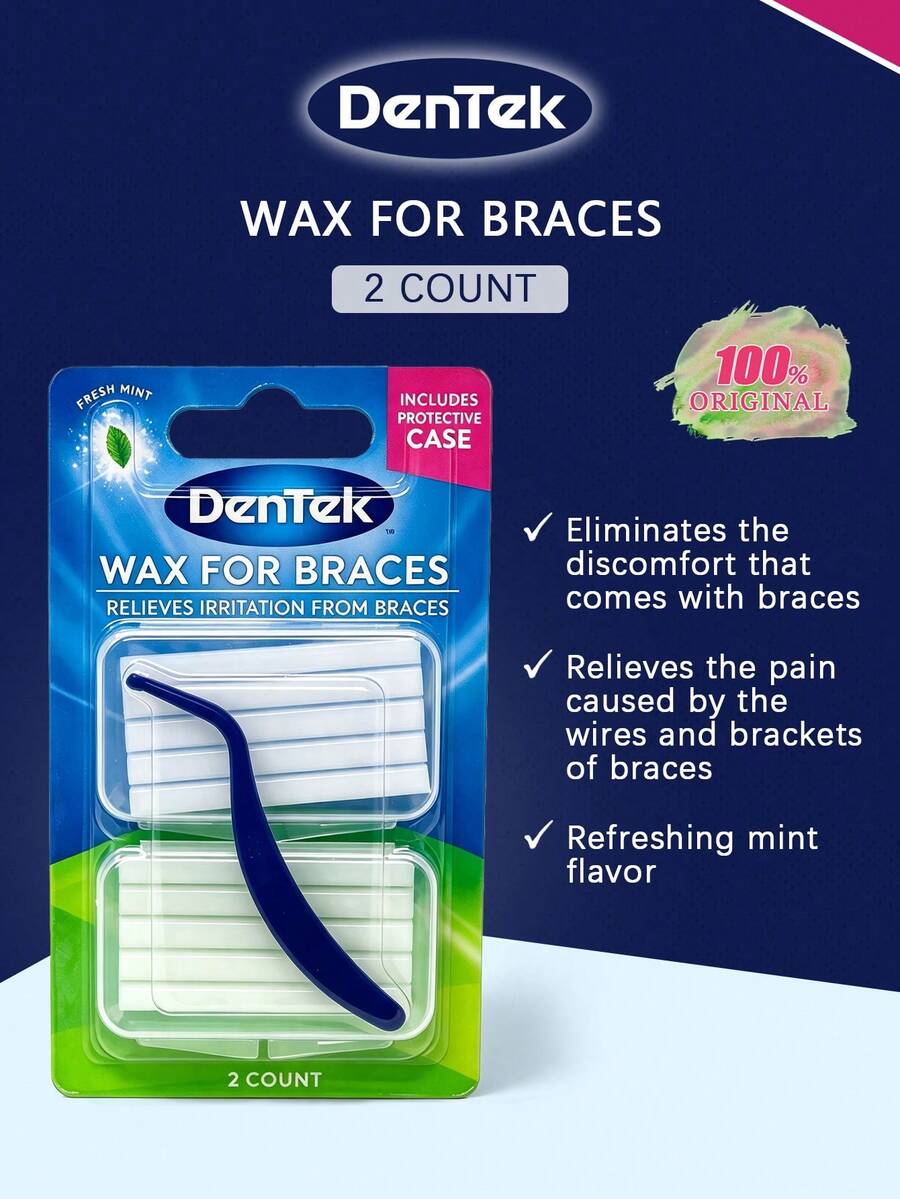 Dentek WAX FOR BRACES 2 COUNT, For Braces Friction Relief, Long-Lasting Protection, Easy To Use, Individual Packets, Hygienic & Clean, For Daily Oral Care, Ideal For On-The-Go, Fake Braces, Teeth, Teeth Cleaning Tool, Travel Toothbrush