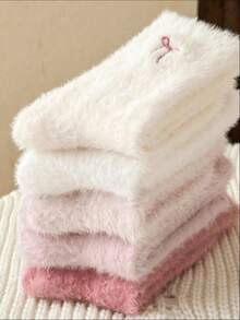1/5/10 Pairs, Bow Pattern, Fluffy Soft Women's Knee-High Socks, Warm And Comfortable, Perfect For Autumn And Winter Wear, Also An Ideal Gift. - Multicolor - View 3