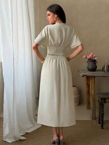 Women's Summer 2 Pieces Set Elegant Apricot Pleated Waist Short Sleeve Top And Casual High Waist Skirt - Gray Apricot - View 2