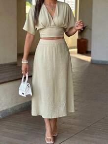 Women's Summer 2 Pieces Set Elegant Apricot Pleated Waist Short Sleeve Top And Casual High Waist Skirt - Gray Apricot - View 5
