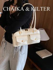 CHAIKA & KILTER 1件裝純色亮面PU布料女款時尚單肩包 多口袋大容量波士頓保齡球包 拉鍊開合 適合日常與外出使用 - 白色 - 查看 7