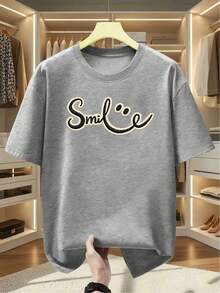 Maglietta da uomo taglie forti, 100% cotone, con ricamo "Smile", collo rotondo, maniche corte. Maglietta casual e comoda a maniche corte. - Bianco - Visualizzare 7