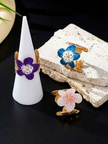 3pcs/Set Fashion High-End Flower-Shaped Oil-Drip Unique Design Five-Petal Open Ring - Multicolor - View 5