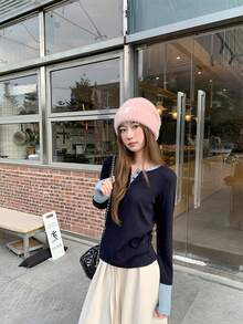 New Women's Spring/Autumn Colorblock 2 In 1 Square Shoulder Long Sleeve Fitted Base Layer T-Shirt Top - Royal Blue - View 7