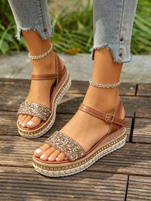 Women's Rivet Decor Rhinestone Ankle Strap Single Buckle Wide Toe Box Wedge Heel Thick Sole Sandals Summer Elegant Vacation Style Rust Brown Wedge High Heels - Rust Brown - View 5