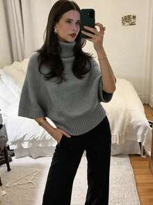 女款休閒秋冬純色灰色高領蝙蝠袖針織上衣 收腰紋理設計 日常辦公通勤套頭衫 - 灰色 - 查看 3