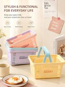 10/1件裝清新馬卡龍奶油色系硬塑膠長方形鏤空溝槽收納籃，附可攜式單手把，可堆疊收納整理箱，適用宿舍、臥室、浴室、桌面，收納洗漱用品與雜物，四季通用開學必備 - 彩色 - 查看 6