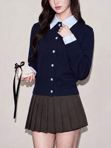 Women's Autumn/Winter Casual Minimalist Style Lapel 2 In 1 Cardigan Sweater Jacket Fall - Navy Blue - View 5