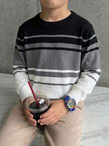Boys' Preppy Style Color Block Striped Thin Knit Pullover Sweater, Suitable For School, Autumn/Winter - Black - View 2