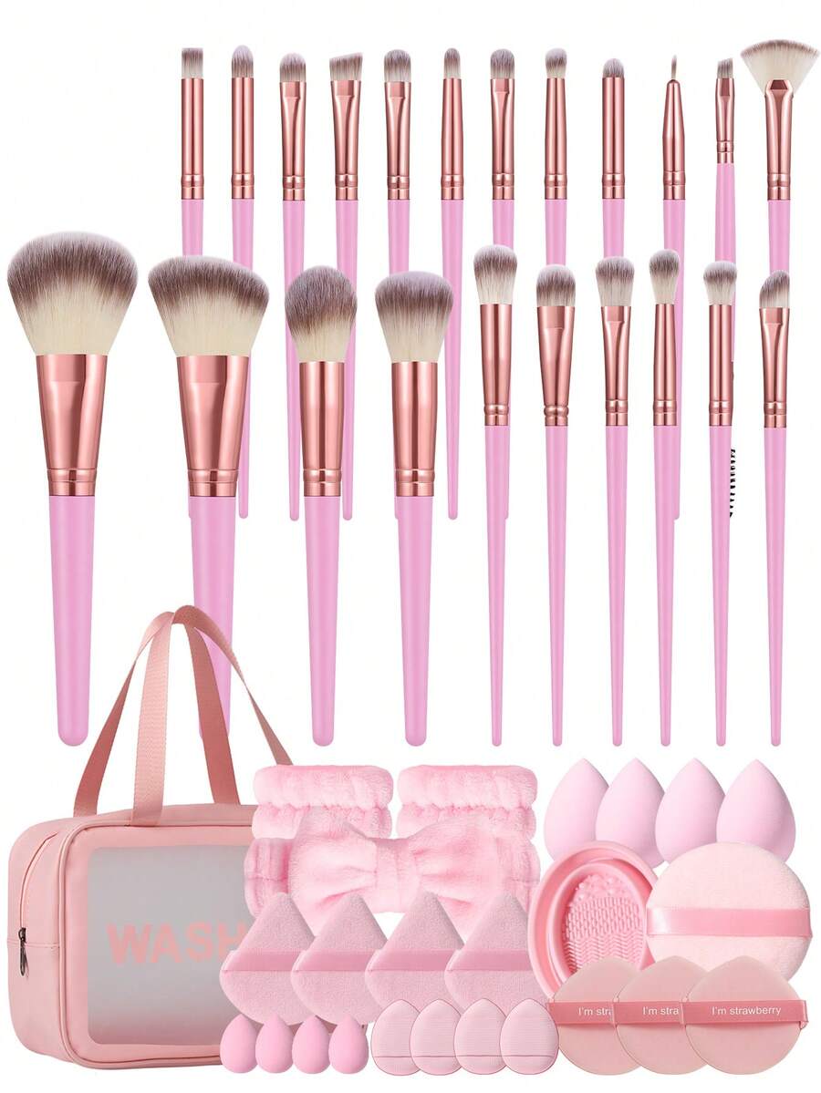 6/47pcs All-In-One Makeup Tool Set With Waterproof Makeup Bag, Includes 22 Makeup Brushes, Various Shapes Powder Puffs, Sponges And Cleaning Kit - Pink - View 1