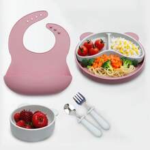 Silicone Baby Feeding Set 5pc, Anti-Choke Spoon & Fork, Waterproof Bib, Easy-Clean, 6M+, New Mom Gift - Mauve Purple - View 9