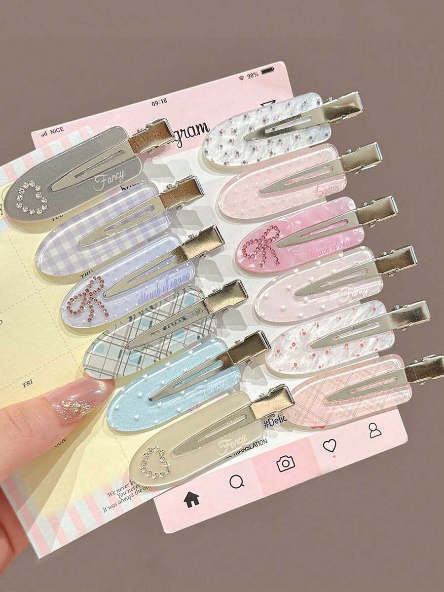 6pcs Plaid Heart Rhinestone Hair Clips, Cute No-Crease Bangs Side Hair Clips, Sweet Women's Daily Hairstyle Decoration Hair Accessories Set (No Cardboard Packaging) - Multicolor - View 1