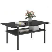 Modern Coffee Table With Black Glass Top, Living Room Table With MDF Shelf And Metal Frame, Rectangular Sofa Table With 2-Tier Storage, Black-H45/W98/D58 Cm - 黑色 - 查看 9