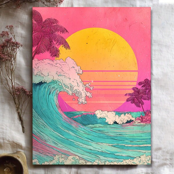 Art Print: Retro Wave Canvas Art-A Comic-Style Poster Featuring Vibrant Pink, Purple, Blue, Green, And Yellow Hues; Suitable For Wall Decor In Homes, Offices, Or Game Rooms-Halloween And Christmas Decoration (Unframed).