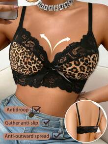 1pc Women's Casual Solid Color Lace Patchwork Sexy Leopard Print Comfortable Minimalist Sports Bra - Black - View 5