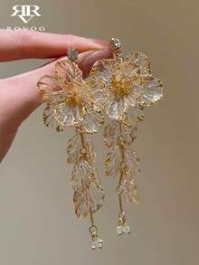 1 Pair Exaggerated Luxury Synthetic Resin Transparent Flower Shell Tassel Earrings For Women, Suitable For Vacation And Party Wear - Transparent + Golden Yellow - View 2