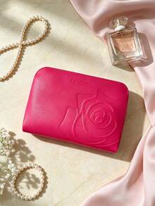 Lancôme Bright Fuchsia PU Makeup Bag LANCOME-GIFT-26 Embossed Large Rose Pattern Full Zip Large Capacity Travel Toiletry Bag Women's Gift Set - Hot Pink - View 3