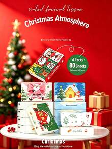 80Pcs/Pack Christmas Printed Facial Tissues, 4 Cute Xmas Patterns Disposable Paper Napkins, 4-Ply Holiday Decor Tissues, Santa Snowman Christmas Tree Print Tissue, Disposable Hand Towels For Home Dinner Party Decor Xmas Gift - Multiple Styles - View 3
