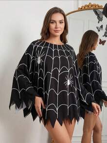 1pc Halloween Party Spider Web Print Cape, Black Asymmetrical Jagged Hem Oversized Batwing Sleeve Shrug, Gothic Spider Costume, Suitable For Various Festivals Halloween Party Cosplay - Black - View 4