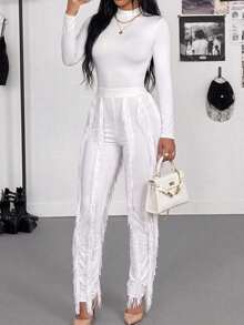 CALEBGAR Women's Sexy Two Piece Outfits Long Sleeve Fringe Pants Set Clubwear Going Out Birthday Party Night Outfits - 白色 - 查看 8