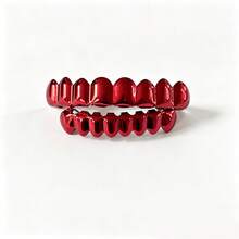 1 buah Grillz Hip Hop Merah Mengkilap, Dekorasi Gigi Rap Tekstur Logam Atas dan Bawah, Aksesori Kostum Cosplay Pesta Halloween - MultiWarna - View 3