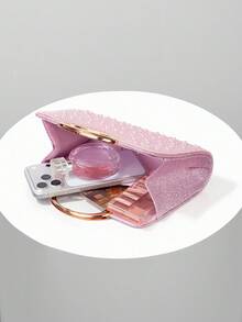 Women's Elegant/Solid Color Pearl Pattern Design Evening Clutch Bag, Evening Bag, Romantic Wedding Handbag, Charming/Exquisite Evening Dress Bag, Shiny White Box Clutch, Comes With Chain, Perfect Choice As A Holiday Gift. Comes With Metal Chain. - Pink - View 3