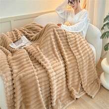 1pc Oversized Striped Blanket, Wide Stripe Cutout Faux Rabbit Fur, Milk Fleece, Flannel Throw Blanket, Casual Nap Blanket For Office - Khaki - View 6