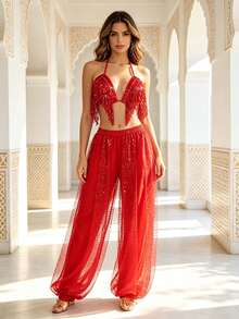 Deep V Sequin Fringe Crop Top With Gold Dot Mesh Loose Harem Trousers, Exotic Style Stage Party Dance Sexy Two Pieces Outfit (Multiple Colors Available) - Multicolor - View 1