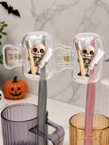 New Halloween Theme Toothbrush Holder/Printed With Skull Holding Toothbrush And Toothpaste Pattern/Portable Toothbrush Accessory/Toothbrush Protective Cover For Home And Travel/Cute Toothbrush Storage Clip/Home Organization/Travel Essential/Cute Design/Fashion Storage/Transparent Protective Cover/Toothbrush Box/Family User/Oral Care Accessory - Multicolor - View 1
