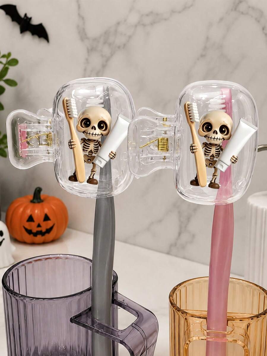 New Halloween Theme Toothbrush Holder/Printed With Skull Holding Toothbrush And Toothpaste Pattern/Portable Toothbrush Accessory/Toothbrush Protective Cover For Home And Travel/Cute Toothbrush Storage Clip/Home Organization/Travel Essential/Cute Design/Fashion Storage/Transparent Protective Cover/Toothbrush Box/Family User/Oral Care Accessory - Multicolor - View 1