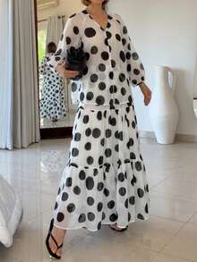 2pcs White & Black Polka Dot Print: V-Neck Sheer Puff Sleeve Top And Layered Ruffle Hem Maxi Skirt - Black and White - View 5